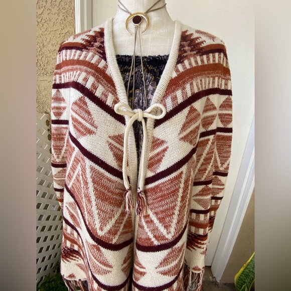 vintage earth tone fringed shawl poncho cape native design - Picture 2 of 15